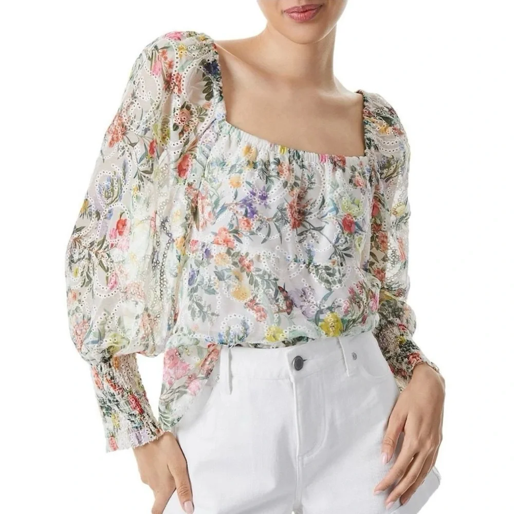 Alice + Olivia Rowa Embroided Floral Tiered Puffed Long Sleeve Top Size XS - Picture 1 of 8